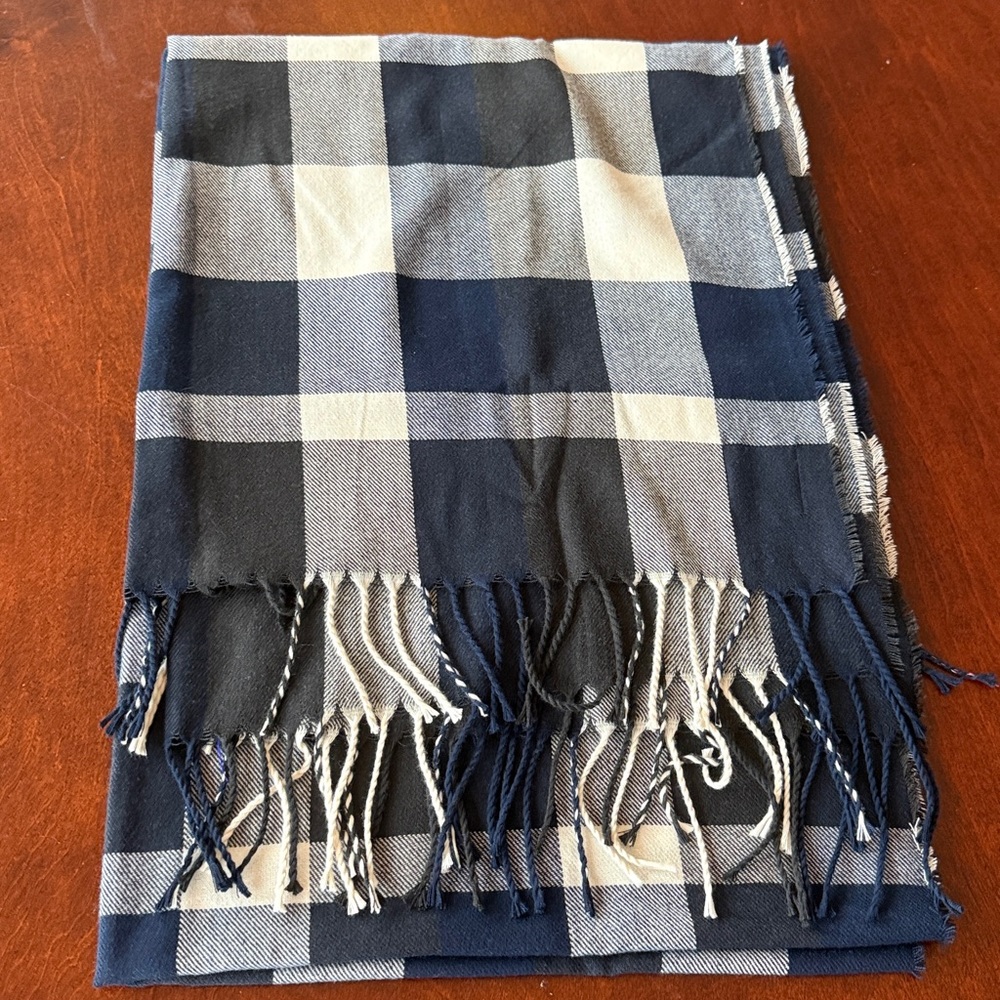 PLUSH plaid scarf blue gray cream fringe